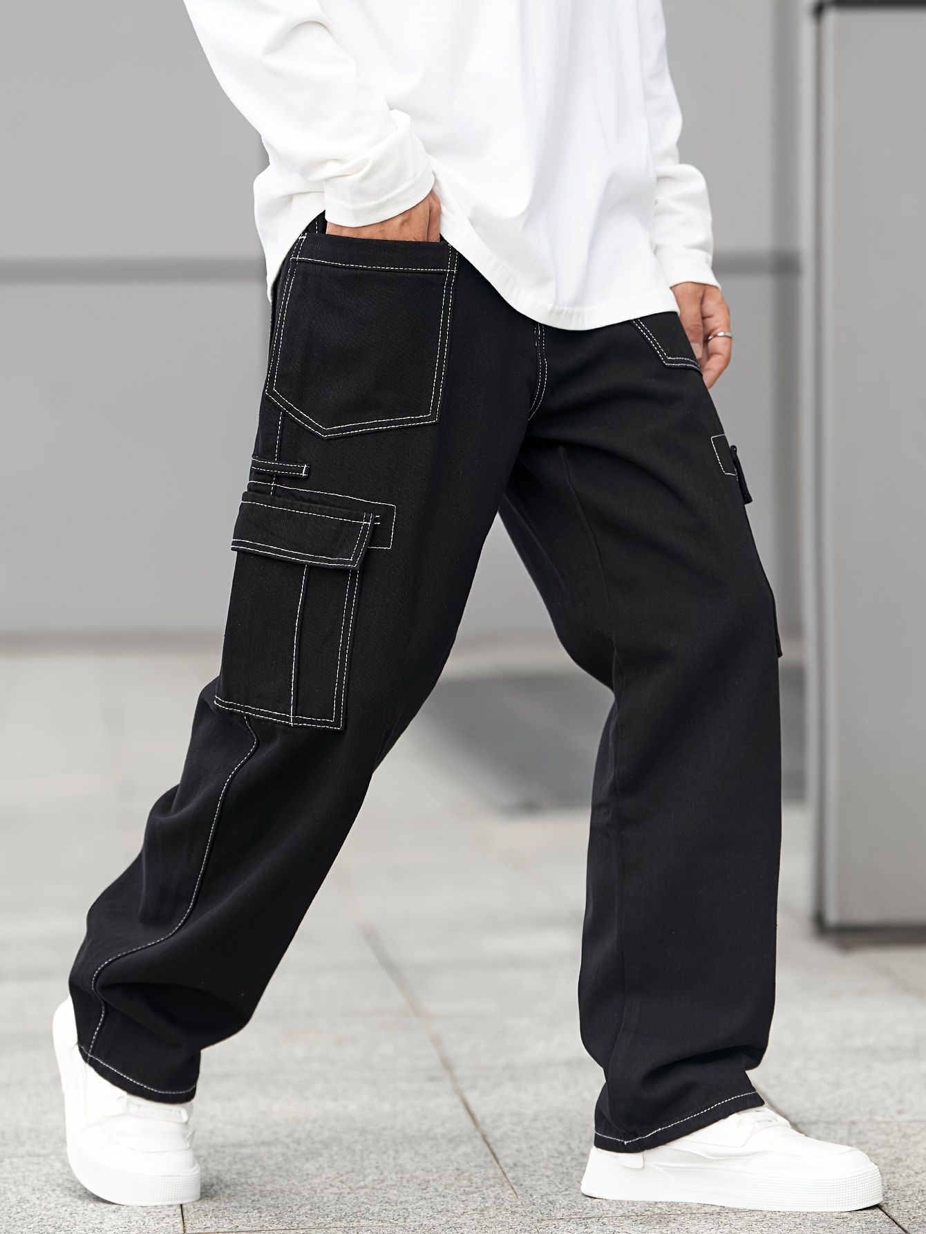 *'s Casual Black Wide-Leg Jeans Loose Fit with Multiple Pockets,  Non-Stretch Denim, Machine Washable Style - Main Image