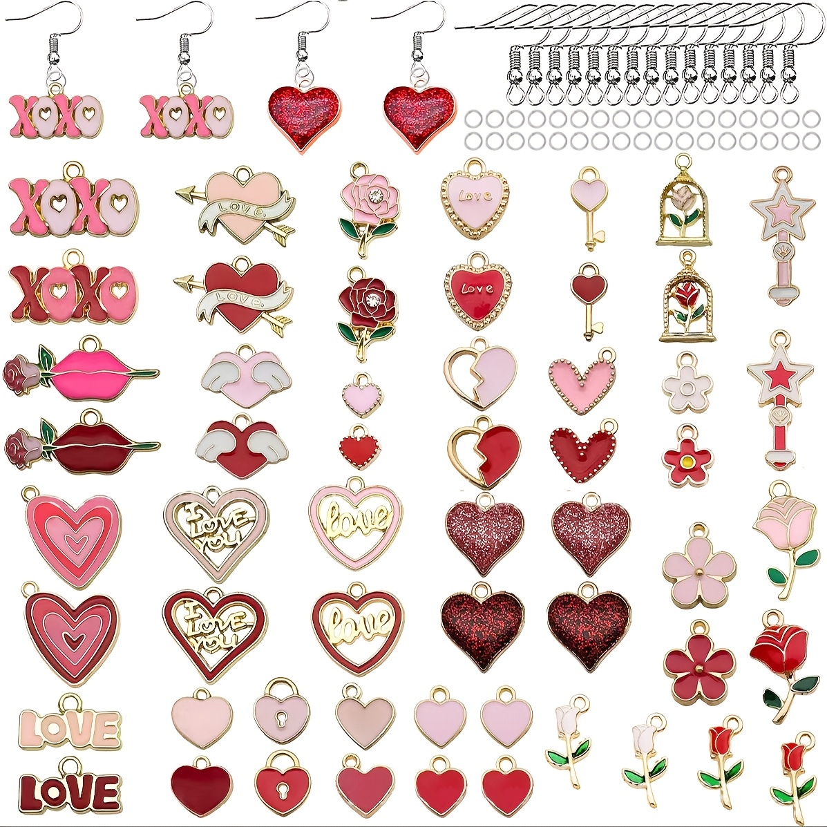 

180 Valentine's Day Ear Hook Pendant Set, Including 30 Valentine's Day Drip Pendants, 50 Ear Hooks, And Jump Rings, Diy Necklace, Bracelet, Ear Hook, Keychain, Valentine's Day Gift Jewelry Making Kits