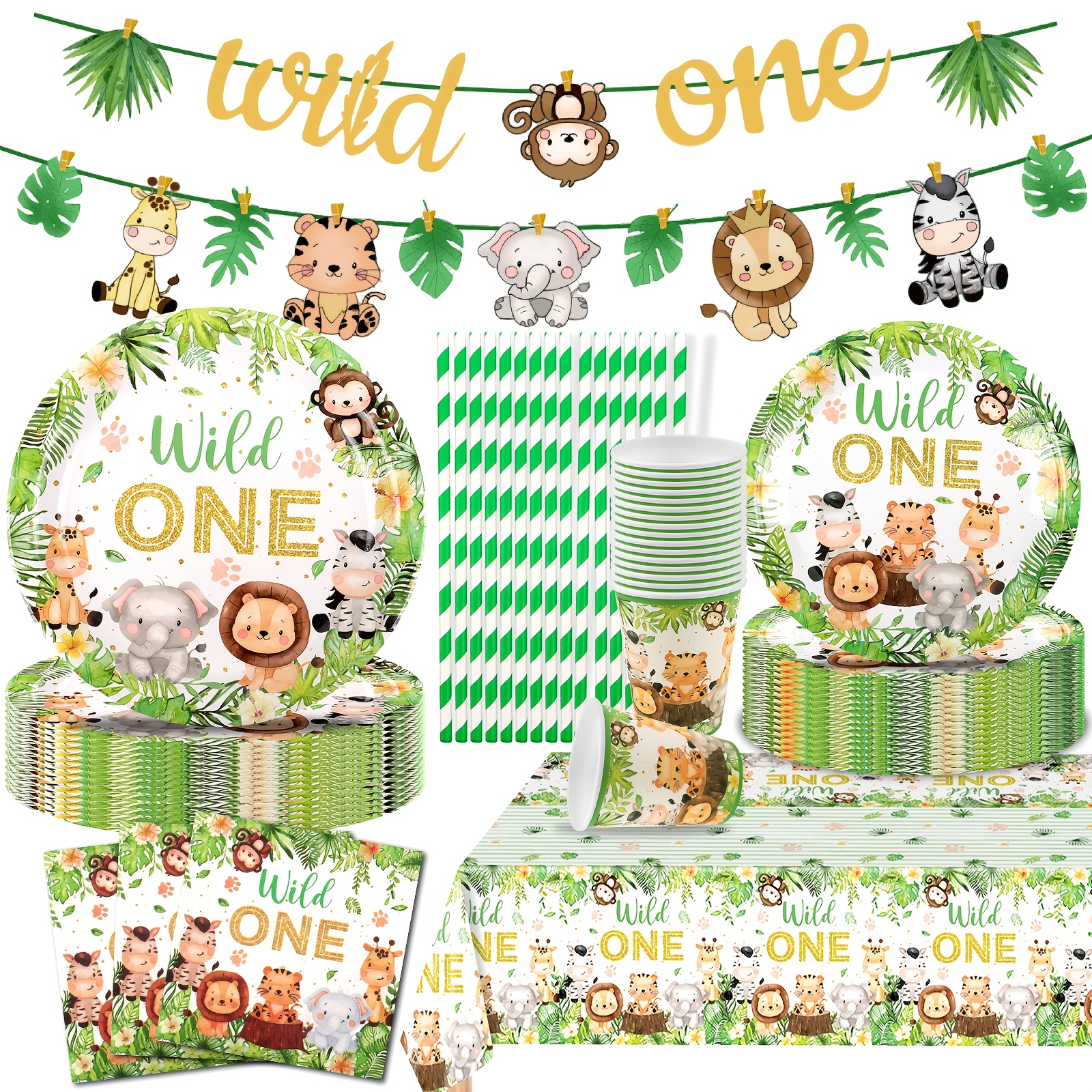 Image of 102pcs Wild Jungle Animal-themed Party Decoration Set, Including Party Banners, Napkins, And Table Decorations, Perfect For Birthday Parties, Garden Gatherings, And Gift Wrapping