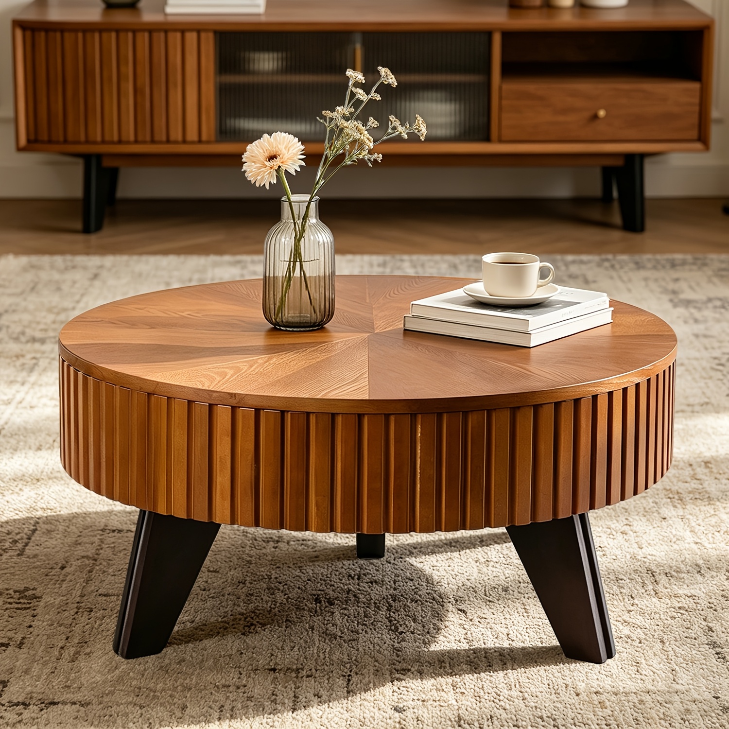 Image of Retro Round Coffee Table With Fluted, 75cm Brown Round Side Table, Tripod Base, Compact, , Suitable For Living Room, Office And Bedroom