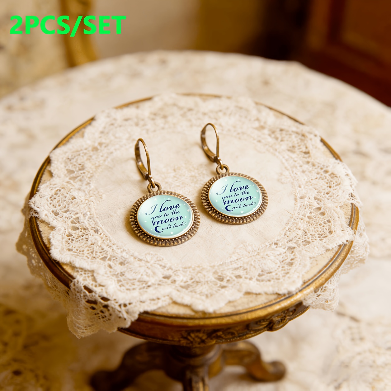 2pc Blue Crescent Stars Pattern Pendant Earrings Set
