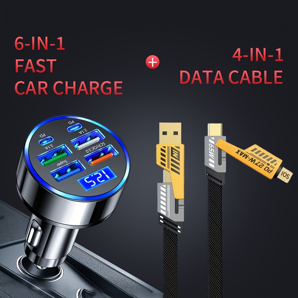 

6-port Super Charger - Dual Pd , Led Voltage Monitor, 4 Usb And 2 Type-c Adapters For Fast Charging - Universal Car Accessories, 65w Pd Charging Cable With Dual Type-c And Usb 3.0 - 100cm/39in