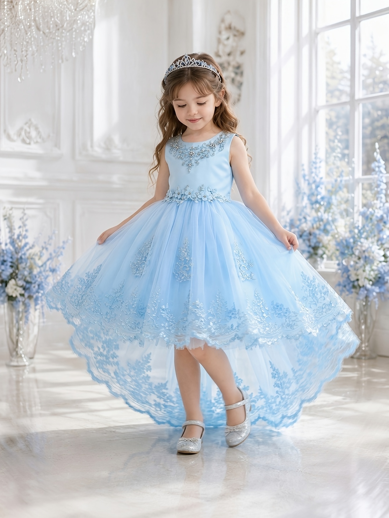 bridesmaid and flower girl dresses Dress, Princess Tulle Ballgown for Girls, Wedding Communion Birthday Party Pageant Long Evening Dress, Embroidered Style, Short Front Long Back Train Performance Dress, Best Beach Wedding Dresses: