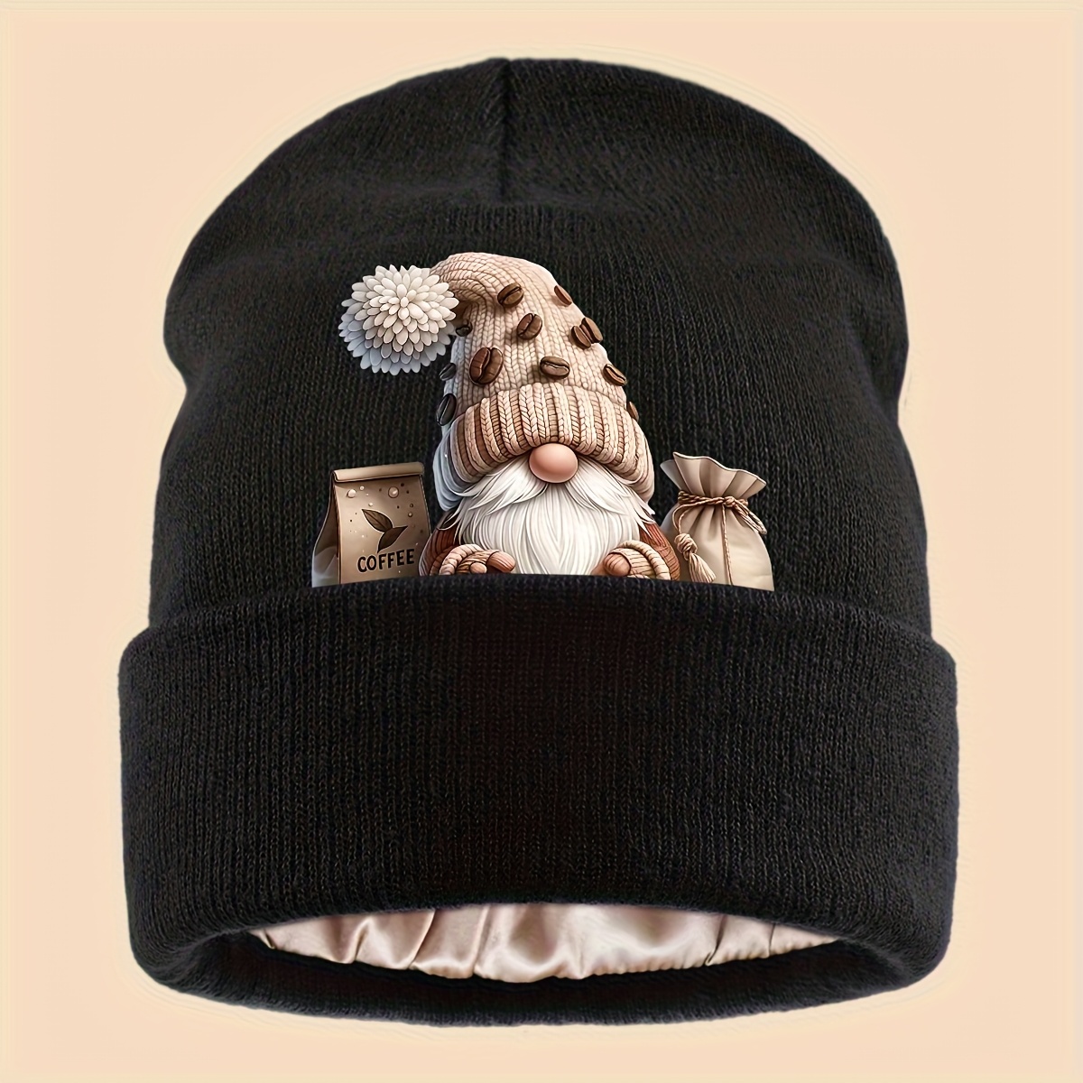 TEMU 1pc Printed Knitted Hat With Coffee Gnome , Urban Casual Headwear, Gift For , Warm Dad Knitted Hat, Versatile Solid Color Brimless Slouchy