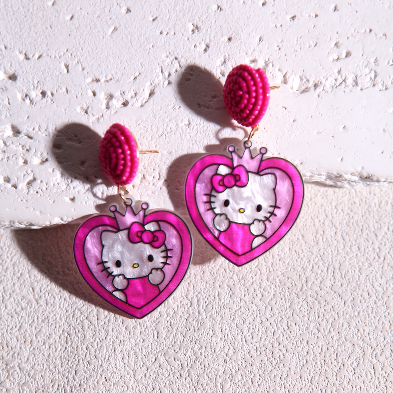 Handmade Glossy Resin Heart KT Cat Crown Drop Earrings