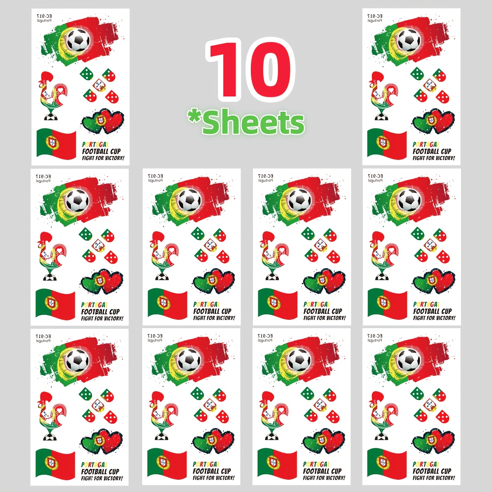 Image of 10pcs Portugal Flag Football Temporary Tattoo Stickers, Waterproof Stickers, Sports Events Festivals And Parties Body Decoration Stickers, Suitable For Face And