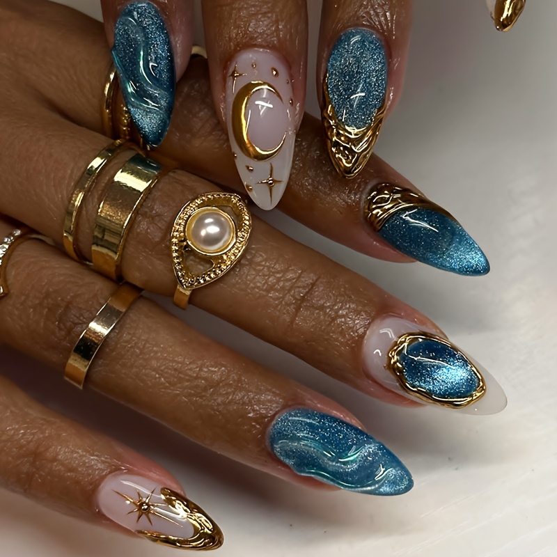 TEMU 24 stuks luxe kattenoog-amandelvormige druk-op acrylnagels, medium oppervlak, blauw glitter, zomernagels, herbruikbaar met 3D waterrimpeling &