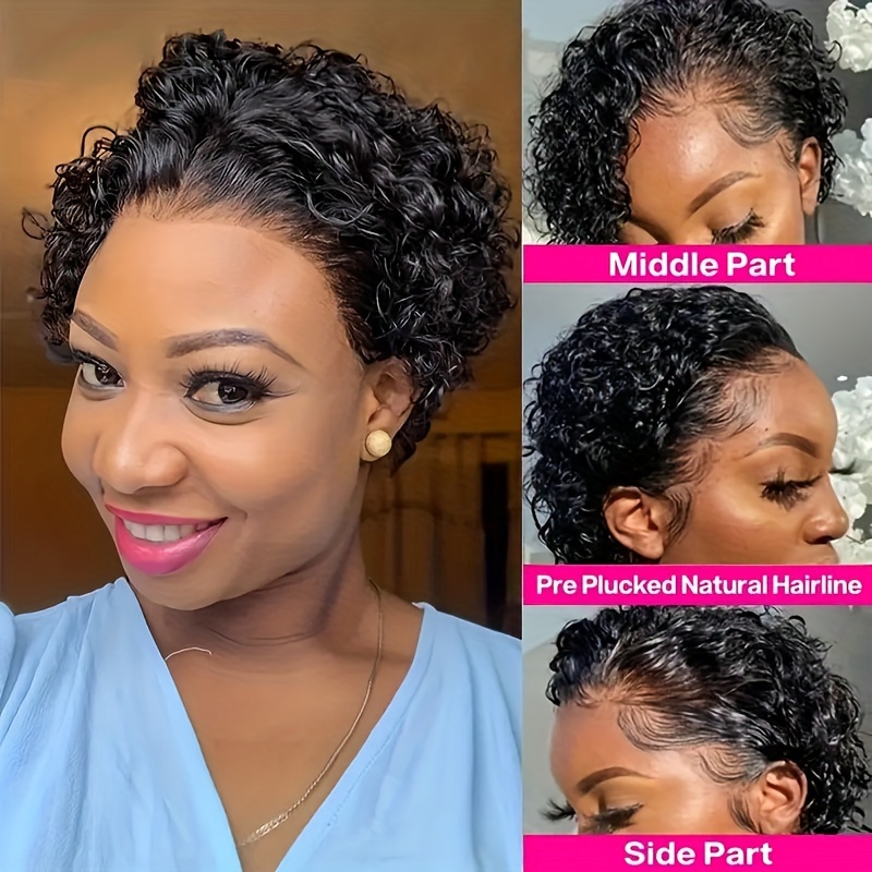 womens curly wave short cut wig 150 density human hair lace front 13x1 natural black glueless water wave suitable for african women details 1