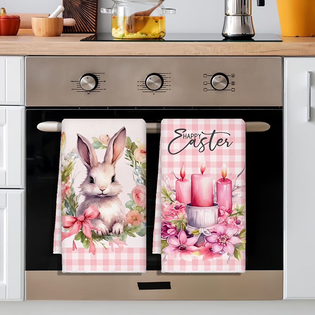 2pcs Easter Pink Gingham Dish Towels, Cute Bunny And Easter Candle Design, Absorbent Cartoon-themed Kitchen & Bath Decorative Hand Towels For Seasonal Decoration