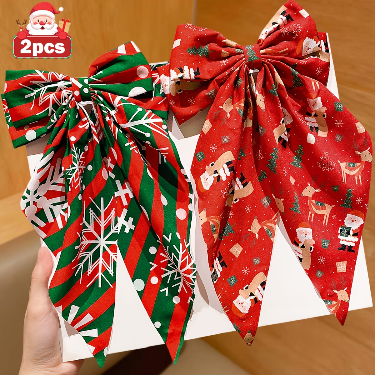 TEMU 2pcs Christmas Long Ribbon Bow Hair Clips, Red And Green Snowflake Print Fabric Duckbill Clips, Accessories