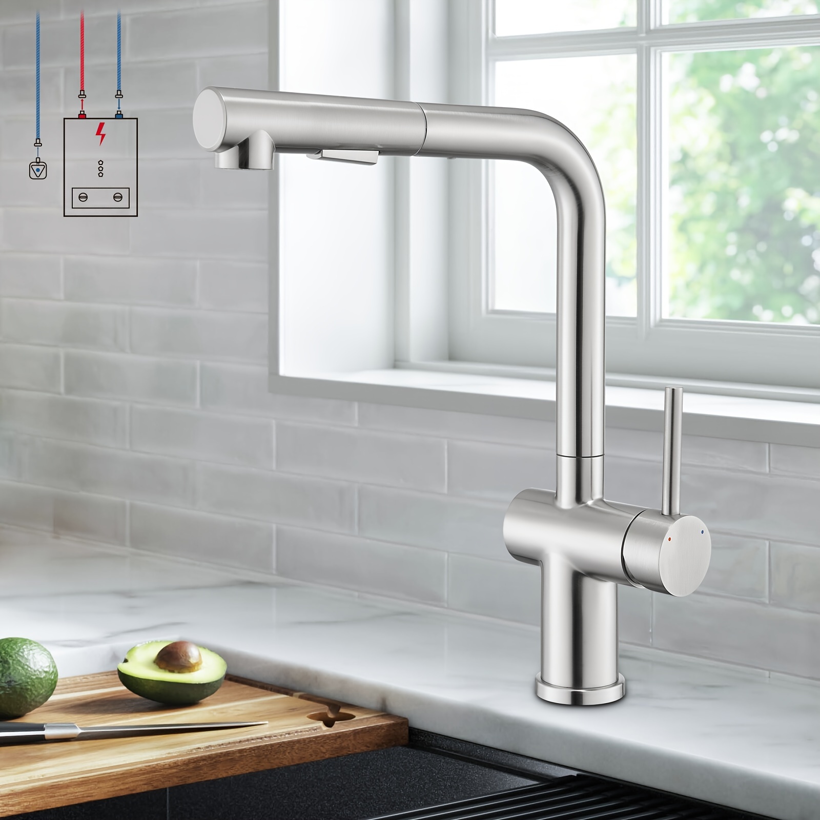 Image of Pull Out Kitchen Faucet With 2 Spray Types For Shower, Kitchen Mixer Faucet, Kitchen Mixer Faucet, Mixer Faucet For , Brushed