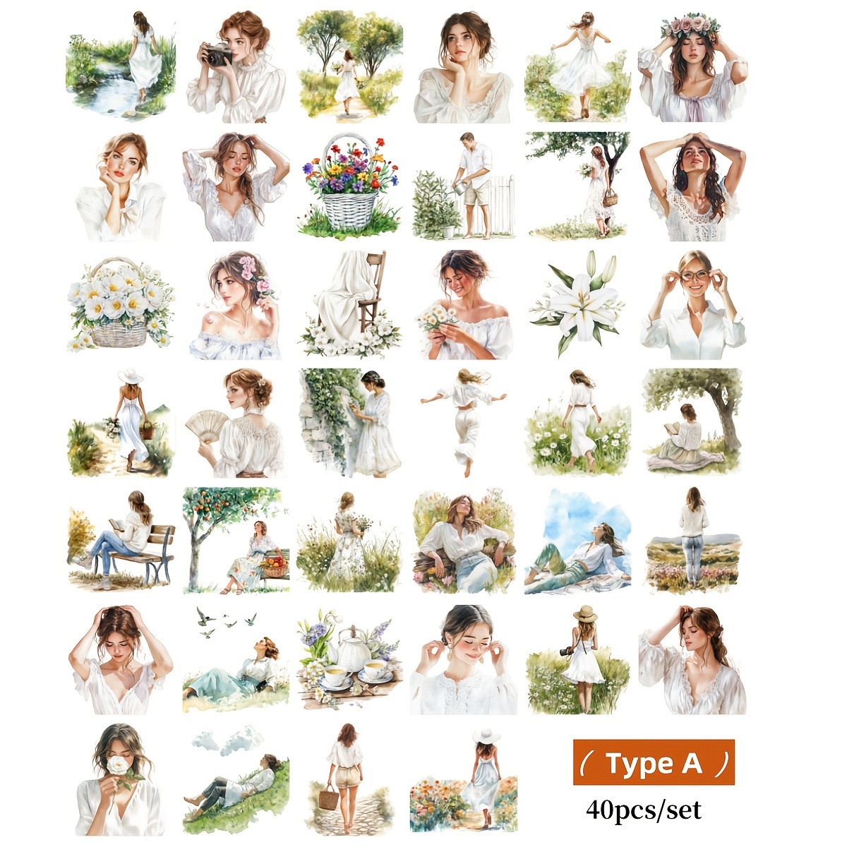 Image of 40pcs/set Creative Vintage Watercolor Stickers Featuring A In White, Perfect For Decorating Handmade Journals, Travel Notebooks, And Magazines