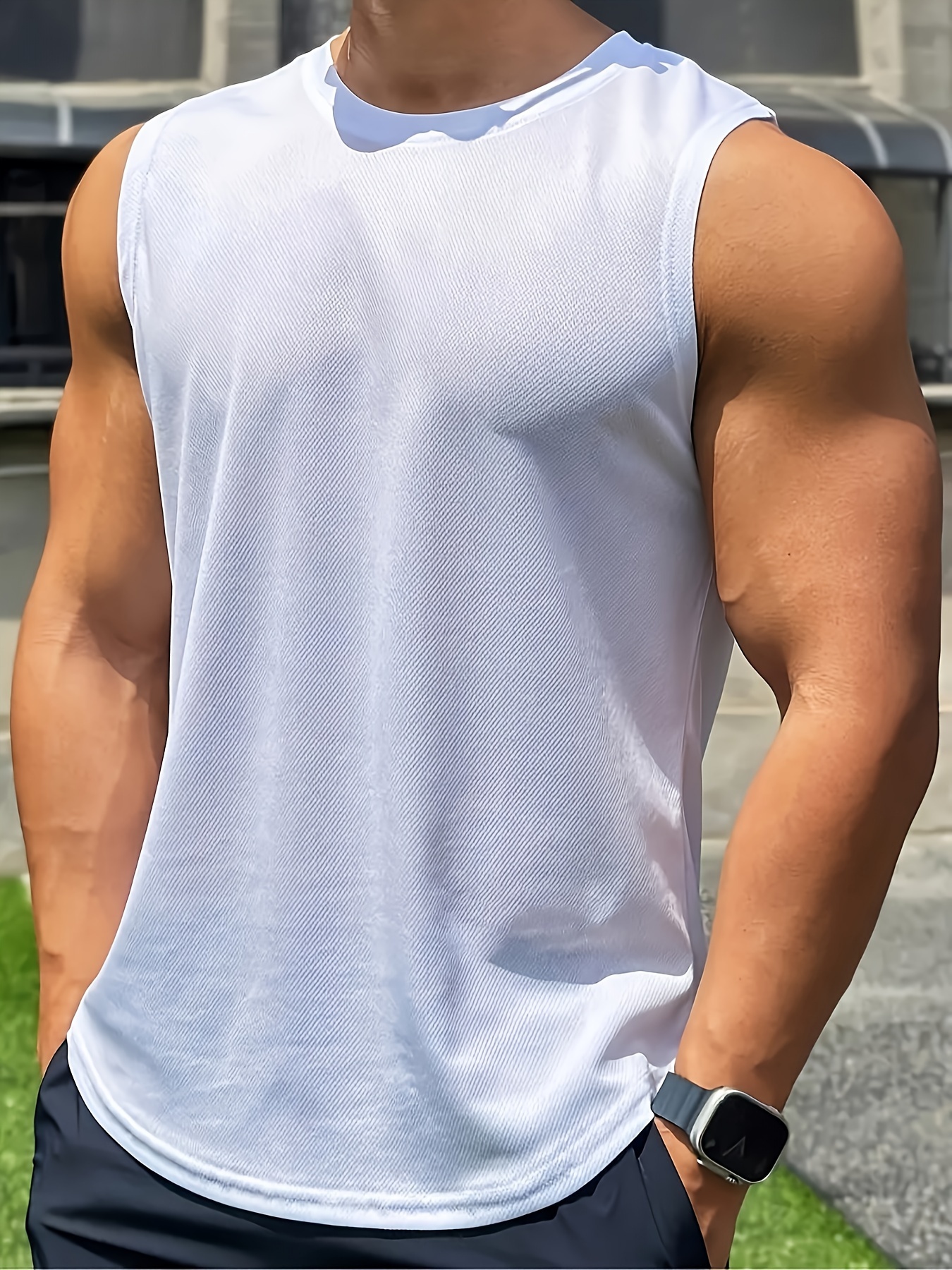 [Lightweight Design] Men's Quick-Dry Sleeveless Gym Shirt - Breathable, Moisture-Wicking Polyester Mesh Tank Top for Running & Fitness, Round Neck, Regular Fit, Sports Vest|Casual Sports Style|Breathable Mesh, Gym Clothes, PLUS SIZE