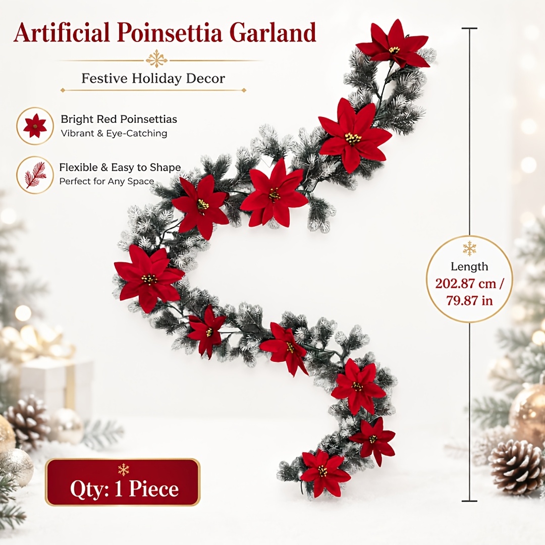 TEMU 1pc Christmas Artificial Poinsettia Flocked Pine Branch Vine, Suitable For Indoor And Outdoor Use, Artificial Flower Vine, Holiday Decorative