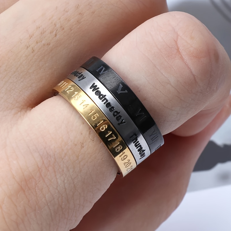 1 titanium 304l stainless   style rotatable date time calendar ring with roman   black and golden anxiety decompression jewelry mens casual dress and holiday gifts christmas thanksgiving carnival Product details 3