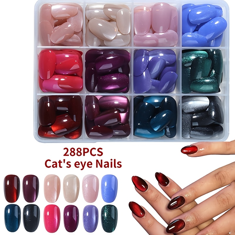 TEMU 288 stuks (12 gemengd) Y2K korte ovale glanzende nageltips, rood en rozerood kattenoog acryl materiaal, kort ontwerp