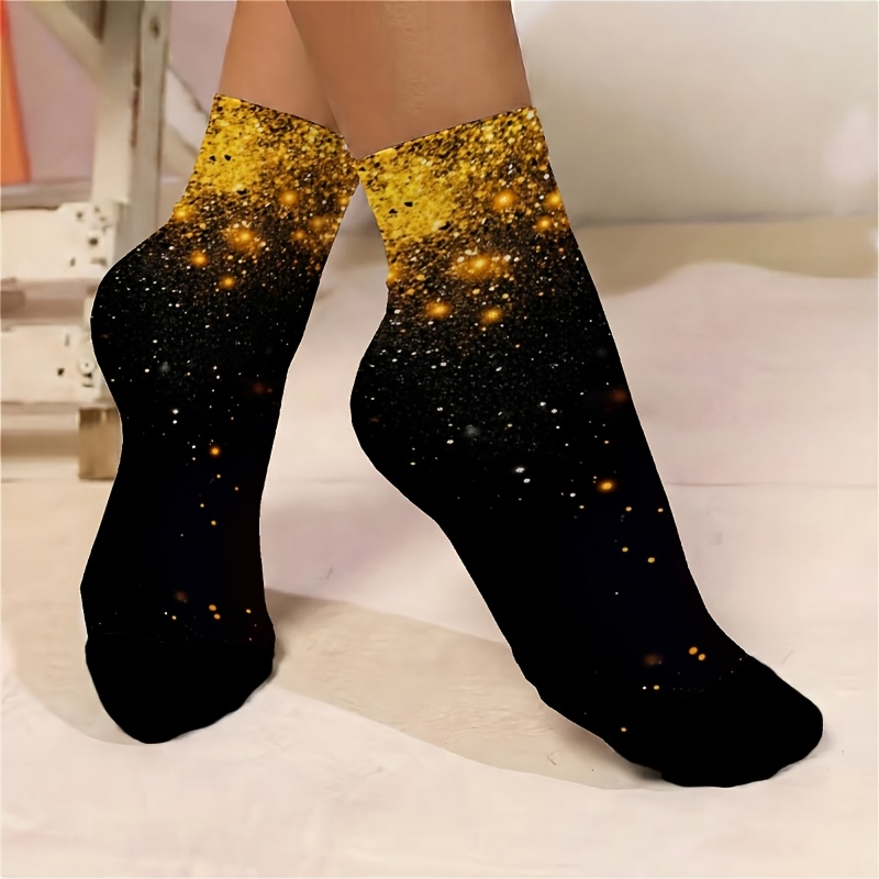 TEMU 1pair Women's Thin Short Socks With A Pattern, A Design Of Golden And Black , New Stylish And Versatile For Going Out, Suitable For Casual And