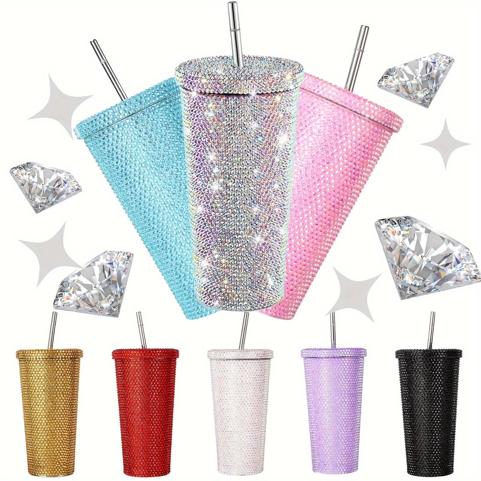 

1pc, Sparkling Studded Tumbler With Lid And Straw, 500ml Stainless Steel Water Bottle, Shiny Glitter Insulated Water Cups, Summer Winter Drinkware, Travel Accessories