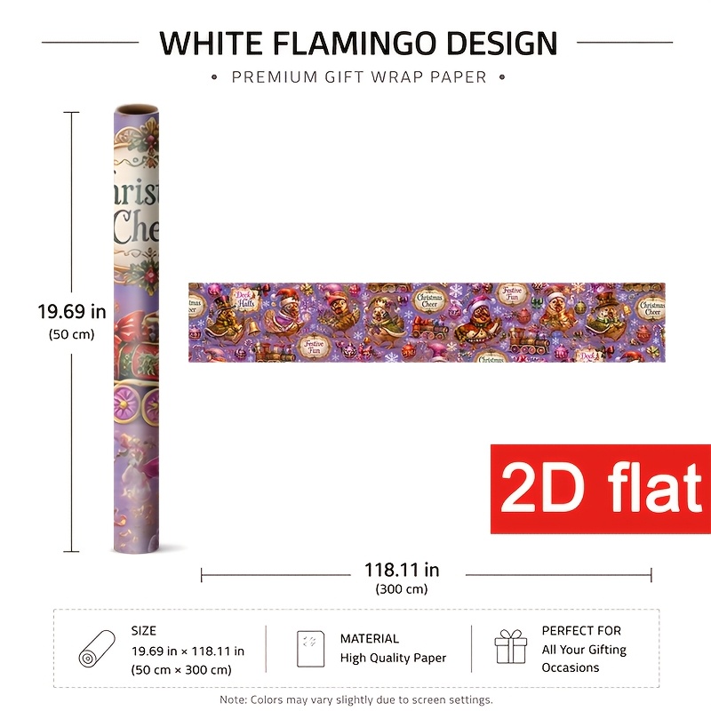 TEMU Papier Cadeau de Noël Plat 2D, 1 Rouleau 50x300cm (19.7x118.1in) pour Fête d'Année, Papier d'Emballage Cadeau d'Hiver avec Trains Festifs,