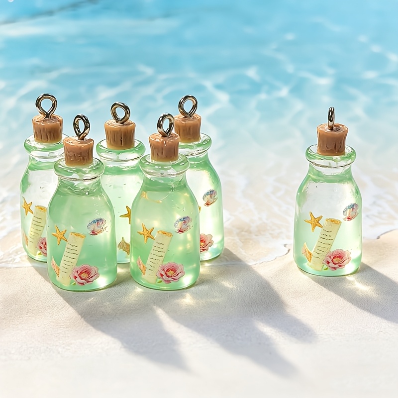 TEMU 6pcs Mini Transparent Bottle Pendants With Starfish & Shell Capsules - Resin Wish Bottle Hanging Decor Suitable For Making,, Backpack Charms,