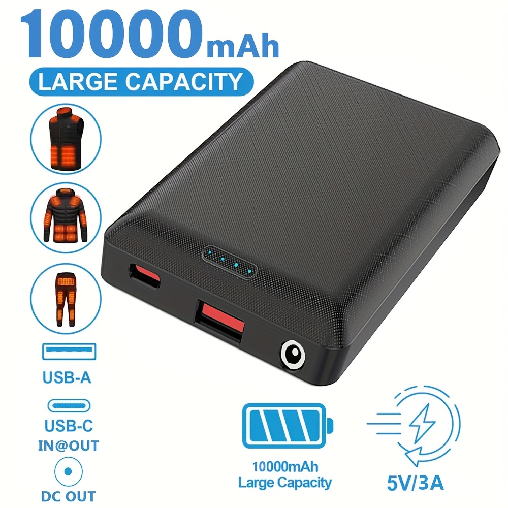 TEMU Portable 10000mah Power Bank With Dc5v 3a Usb And Type C Outputs Designed For Charging External Devices Like Heating Vests Jackets Scarves