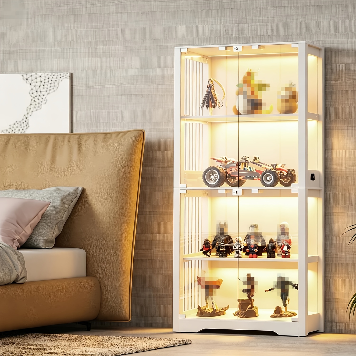 Image of Display Cabinet With Double Glass Doors And White Back Panel, Four-layer Cabinet, Figurine Display Cabinet, Suitable For Dining Room, Living Room And Office (dimensions: 165*80*35cm)