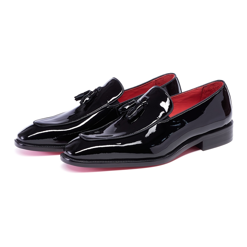 TEMU Vintage Black Tassel Loafer Shoes High-gloss Patent Leather Square-toe Red Genuine Leather Lining Non-slip Rubber Sole Elevated Design Genuine