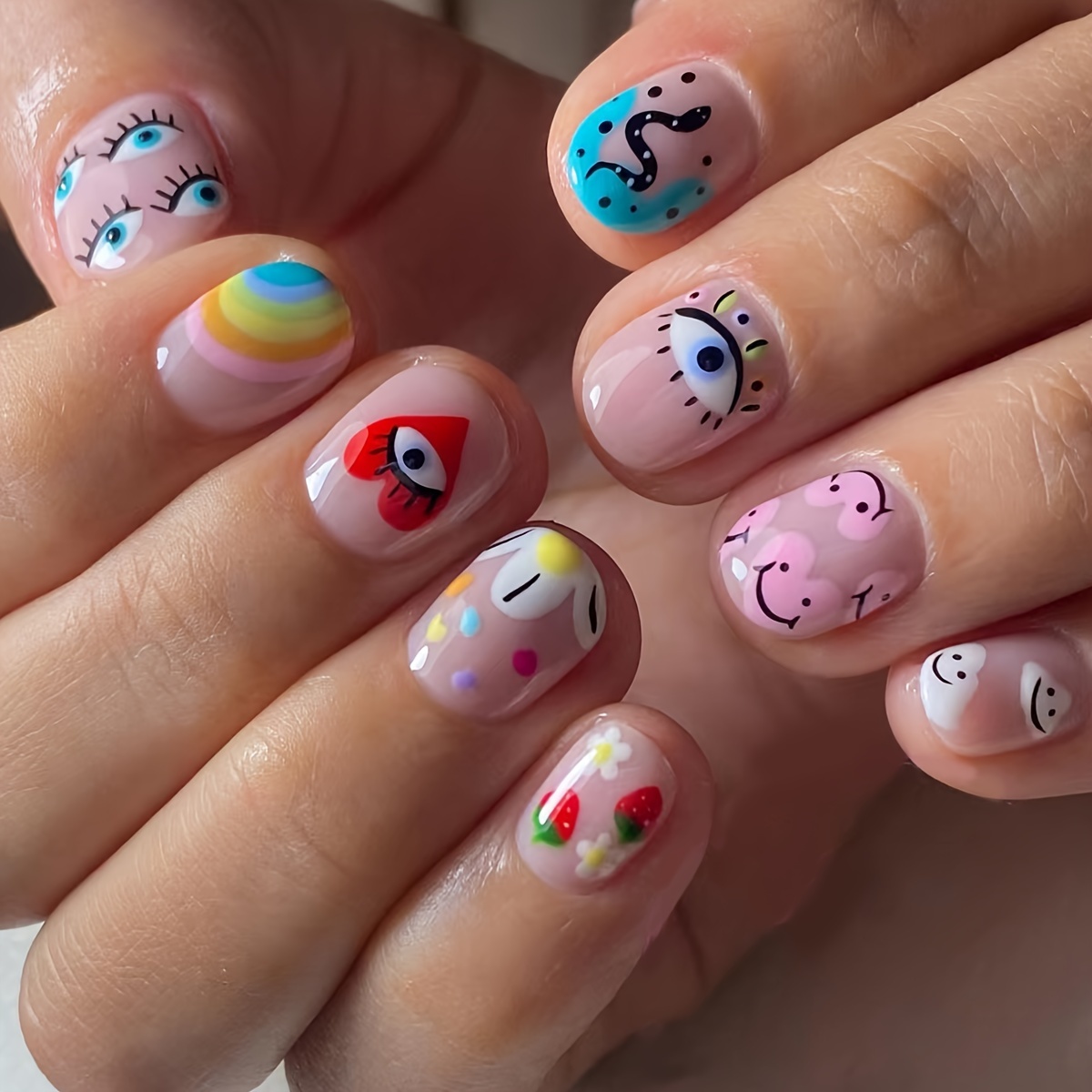 24pcs Gorgeous Square Clips With Eyes, Snake, Heart, , Cloud, Rainbow, Strawberry, And Other Color Designs For Fake Nails. With Jelly Glue And Paper Clips