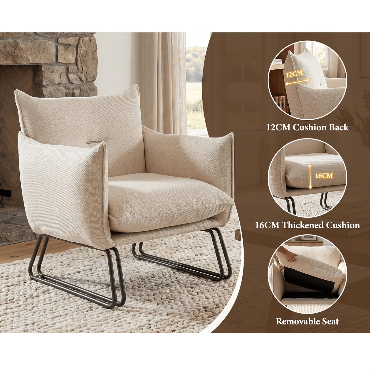 Modern Dining Chair with Thick Cushion and Metal Legs