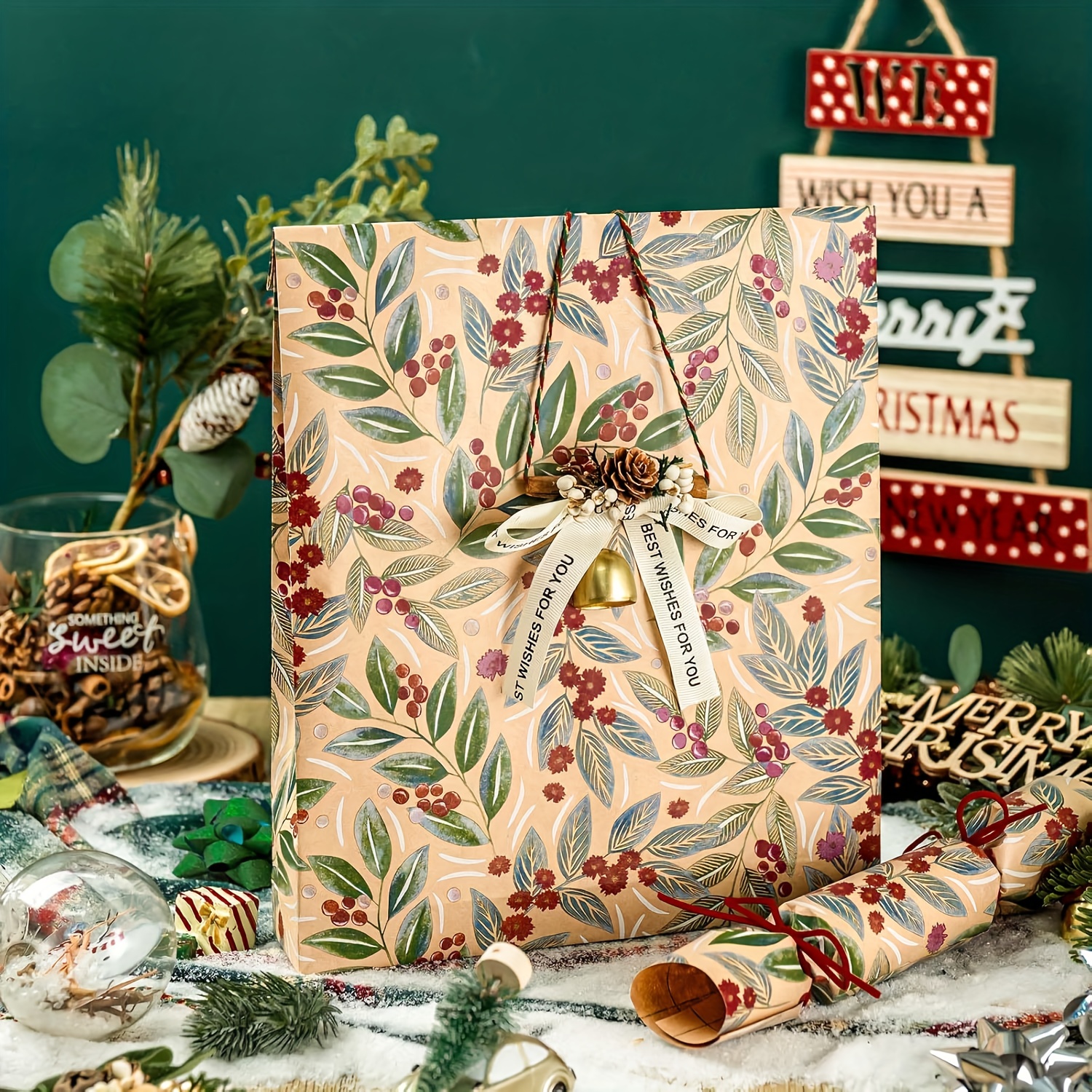 TEMU Christmas Wrapping Paper Roll, Floral Gift Wrapping Paper, Bouquet Wrapping Paper, Extra Long 33ft Paper - Vintage Watercolor Leaf Pattern With