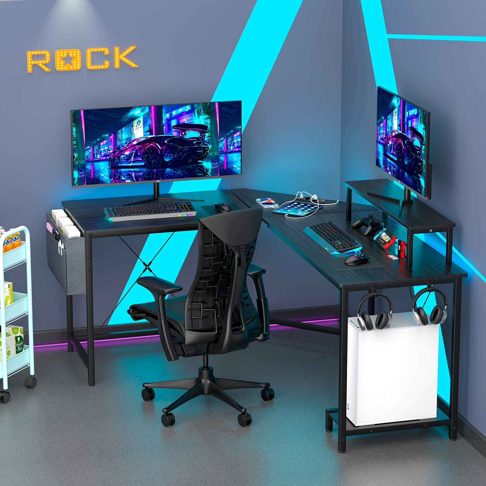Combination Desk, Game Table, 105x53x75cm Computer Table With Storage Side Pockets And Headphone Hook, With Computer Stand, , Suitable For Offices, Company