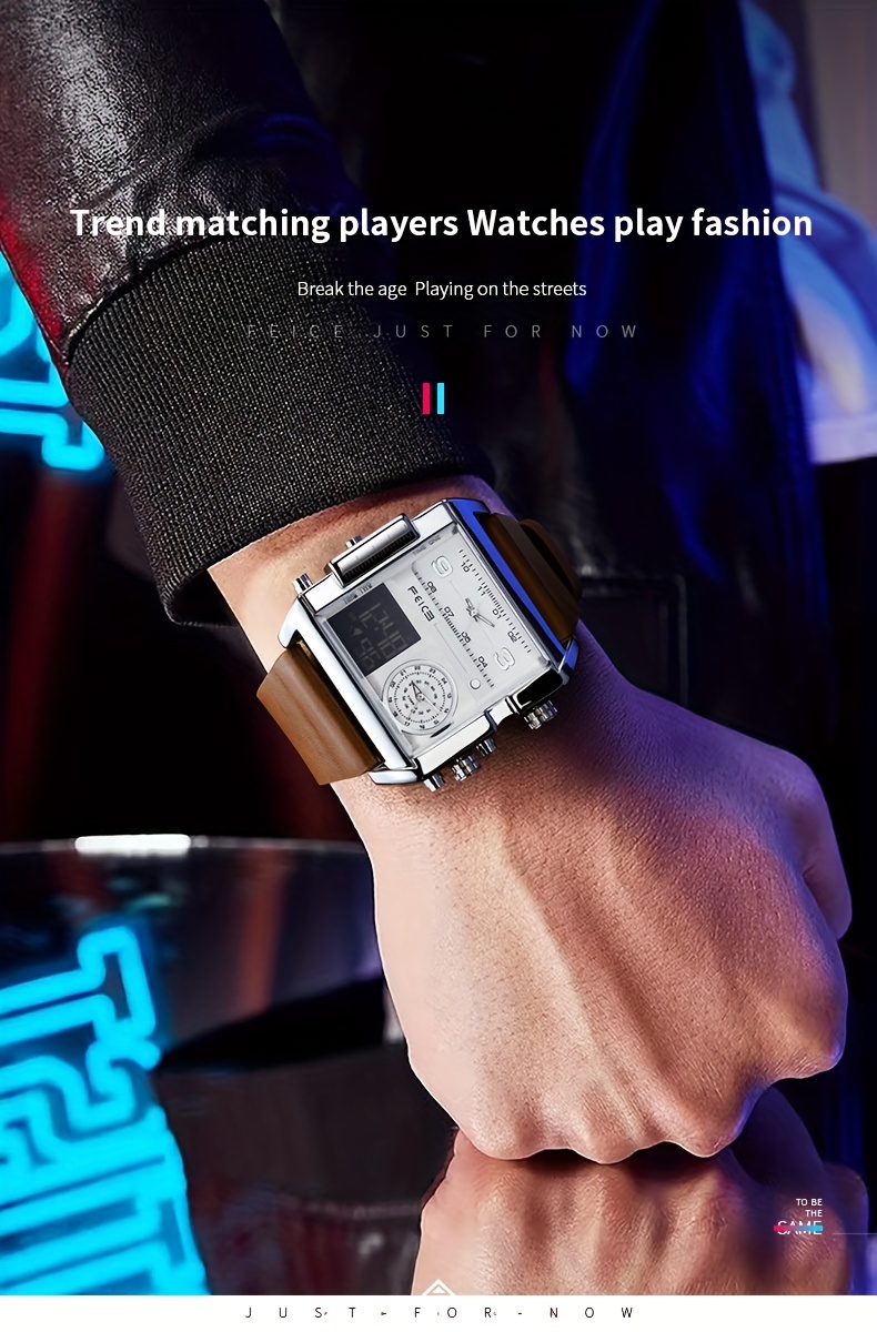  mens watch quartz watch 50mm large dial square mens watch multifunctional sports mens watch luminous alarm clock timer 24h calendar cowhide strap mens gift fk030 details 5