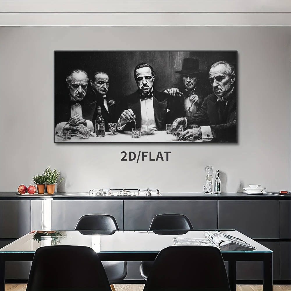 2D Plat, Frameloos Canvas Print van 2D Flatte Gangster en Godfather Geïnspireerde Wandkunst