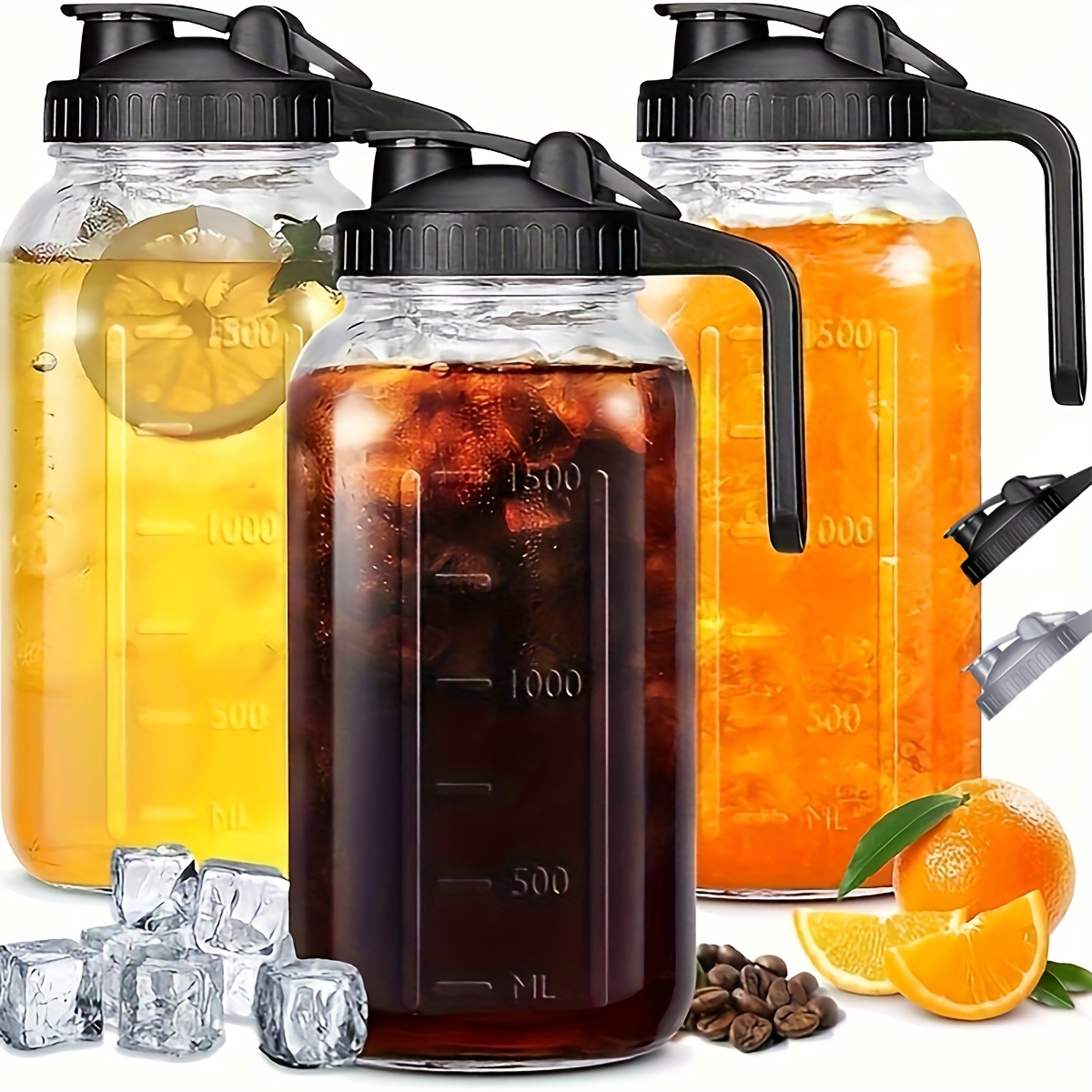 TEMU 3pcs Black/gray Thickened Glass Water Pitchers, 64oz Mason Cold Brew Bottles, With Sealed Lids, Glass Material, Breast Milk Jug, Refrigerator