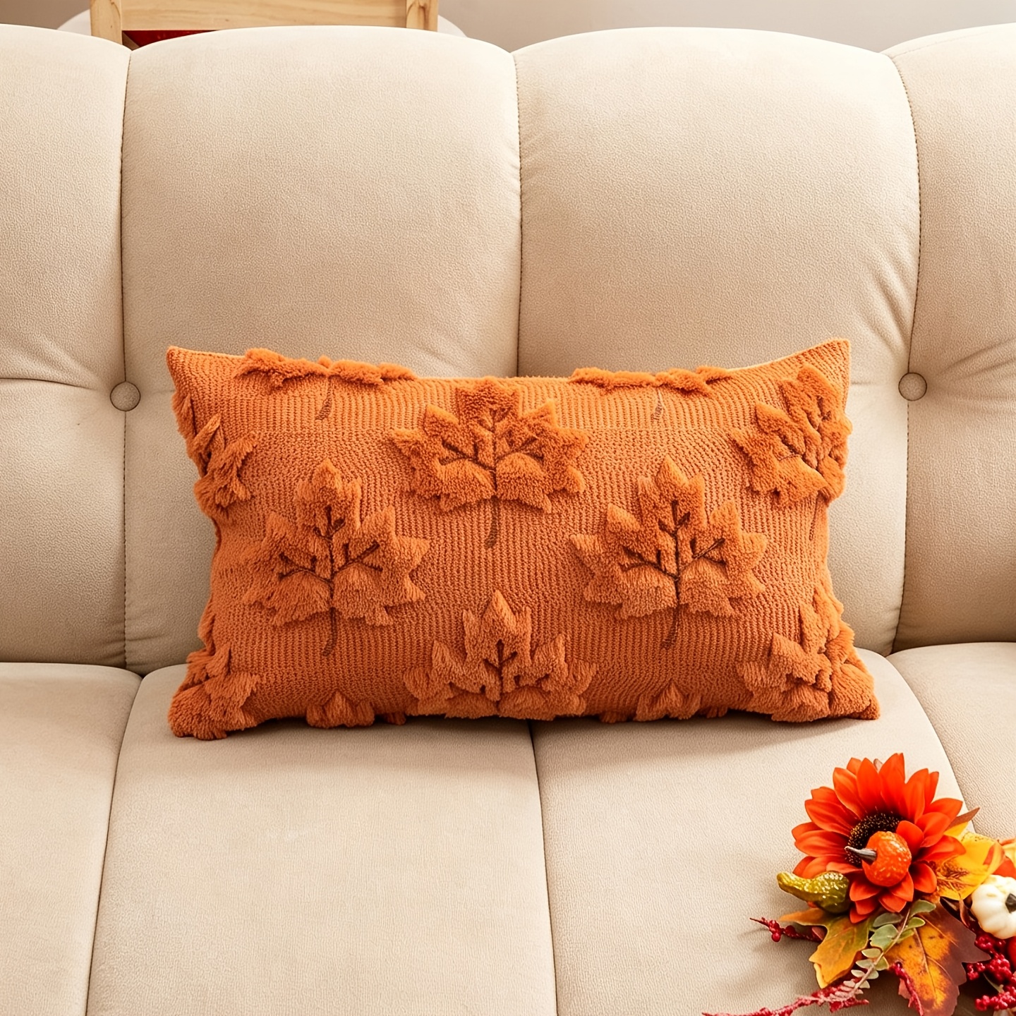 TEMU 1pc Caramel 3d Embroidered Maple Leaf Pillow Cover (no Insert), Themed, Decorative Cushion Cover For Living Room And Bedroom