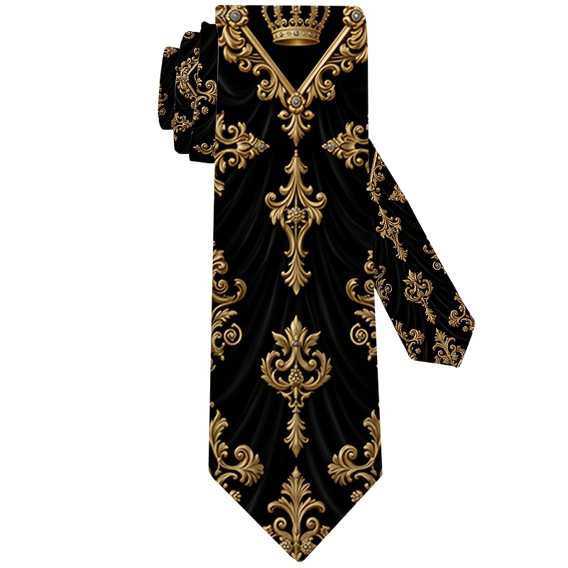 TEMU 1pc, Black Crown Baroque Pattern Fashion Printed Tie With Versatile Popular Style, Great For Daily Wear, Business, Graduation And Festival