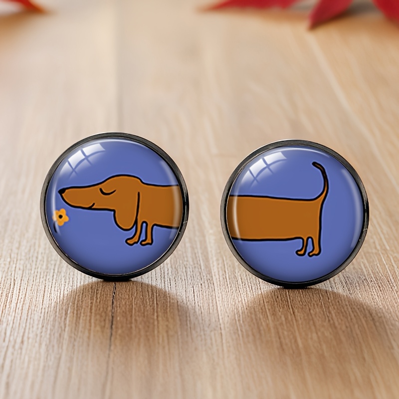1 Pair Cute Dachshund Dog Black Stud Earring Round Glass Cabochon Earrings Handmade Jewelry