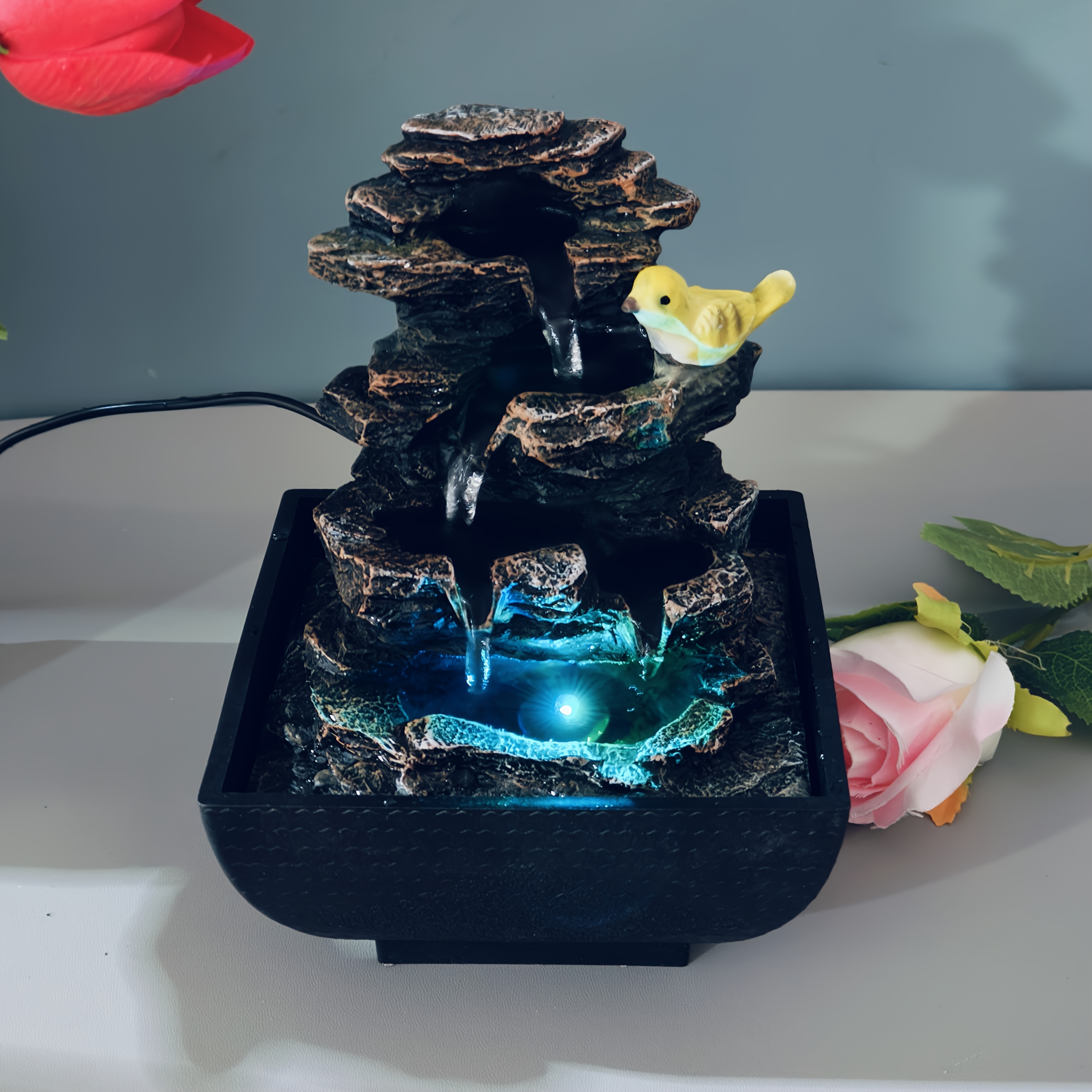 1 set of resin color-changing light imitation landscape fountain, bird rockery fountain, desktop placement creative USB power design, suitable for home and office decoration, suitable for business and Christmas, Valentine's Day, Thanksgiving and housewarming gifts