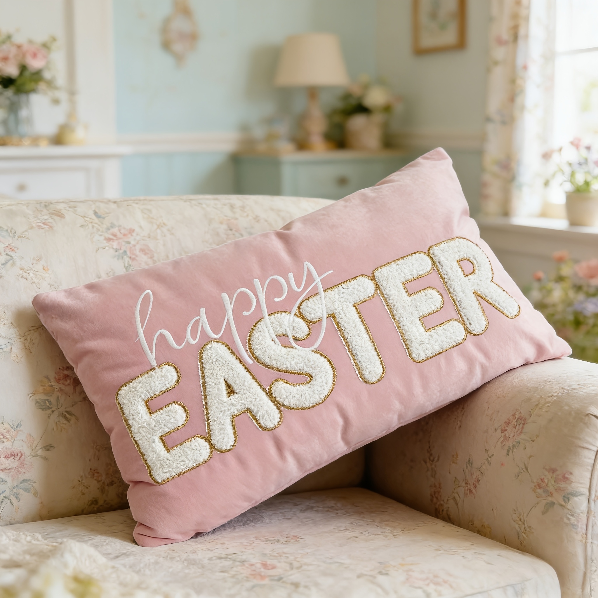 Farmhouse Easter Pillow Cover "" 12x20 Inch - Embroidered Spring Lumbar Cushion Case For Sofa, Easter Home Decor & Holiday Gift Idea