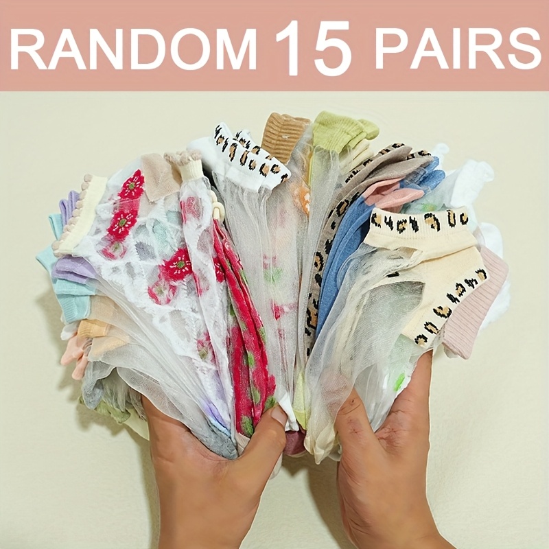 E-shop Zufällige 15-Paar Damensocken, neue Frühling/Sommer/Herbst Mode Kristall Kurze Jacquard Glas-Unsichtbare Socken, bequem, atmungsaktiv vielseitig