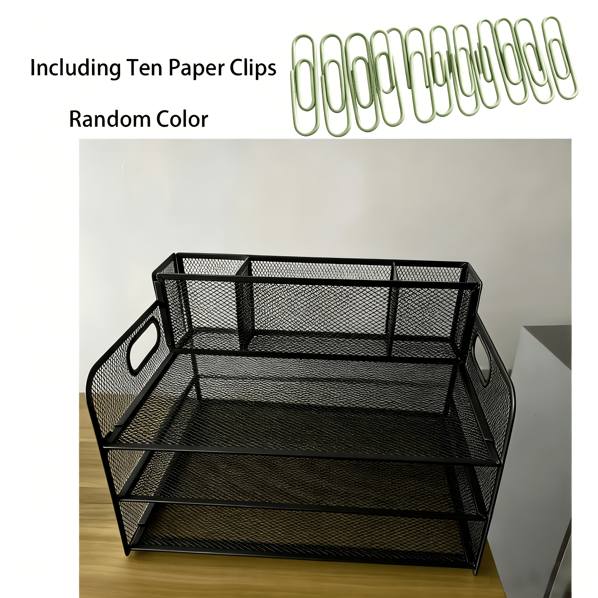 TEMU 3 Layer Desktop Storage With 3 Pen Holders, Desktop Organizer Multi Layer Paper File Holder With Carry Handle Safe Round Edges Office Desk