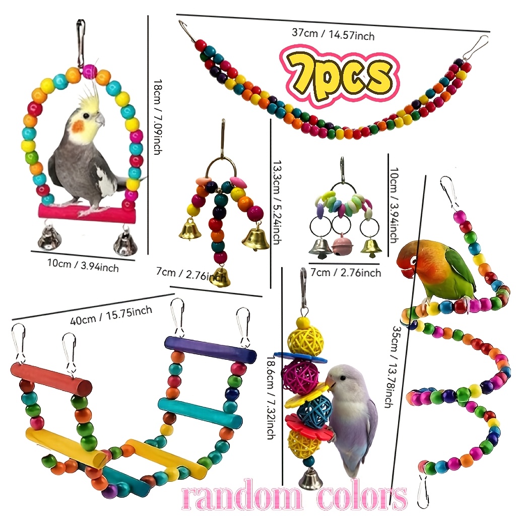 TEMU Small Parrot Activity Set 7pcs Wooden Ladder Bead Swing Color Bells Rattan Balls Hanging Cage Accessories, Multicolored Wood Perch Ring, Random