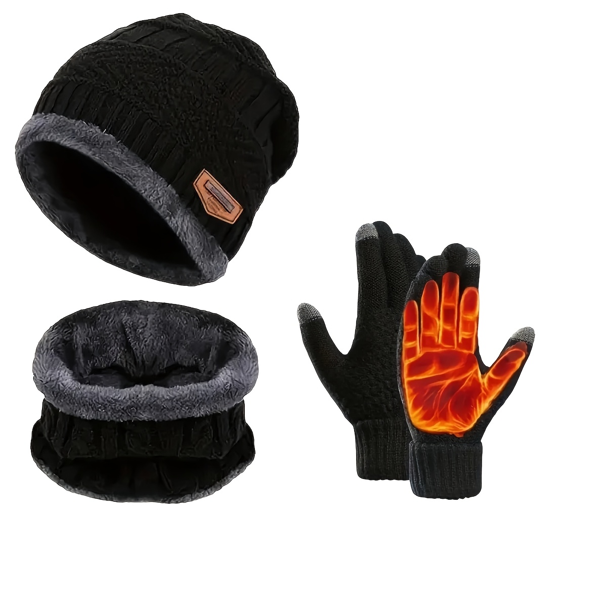 

Ensemble d'accessoires 3 pièces pour la chaleur hivernale, bonnet, écharpe et gants en polyester tricoté, style sport, % polyester, avec isolation thermique pour temps froid