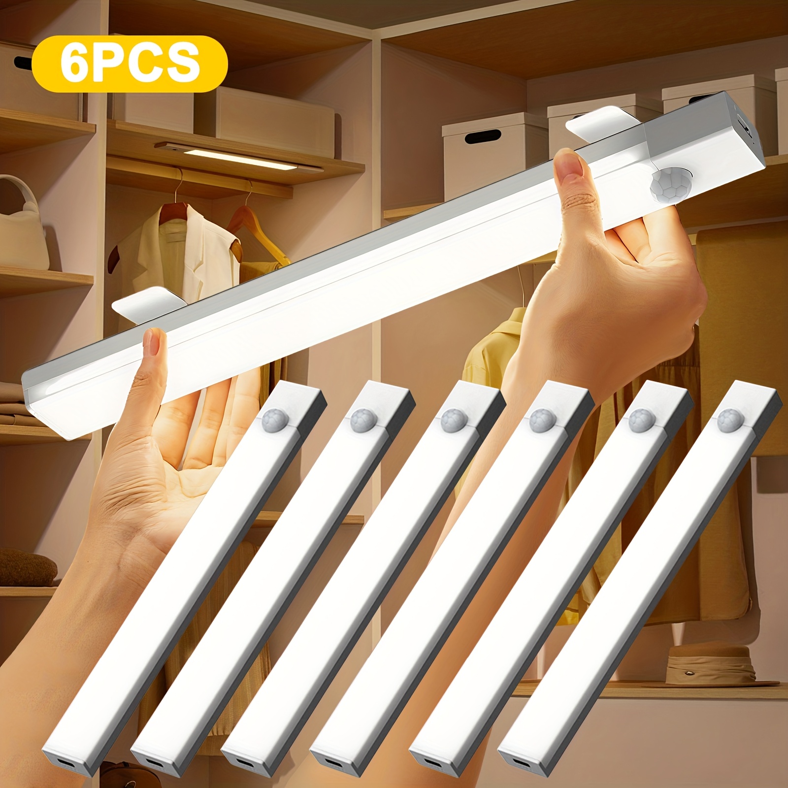 item picture 6pcs Smart LED Motion Sensor Lights, USB Rechargeable Magnetic Night Light with 3.94"/7.87"/11.81", Detachable Cabinet Lamp for Indoor Use – Stair & Shelf Illumination in Compact Design, Home Organization and Decorative Functionality