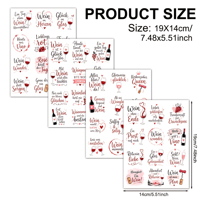 TEMU 4 Stück Deutsche Wein Spaß UV DTF Transferpapier - Geeignet für Tassen, 16oz Glasbecher, Notizbücher, Computer, Tische, Stühle, usw., für