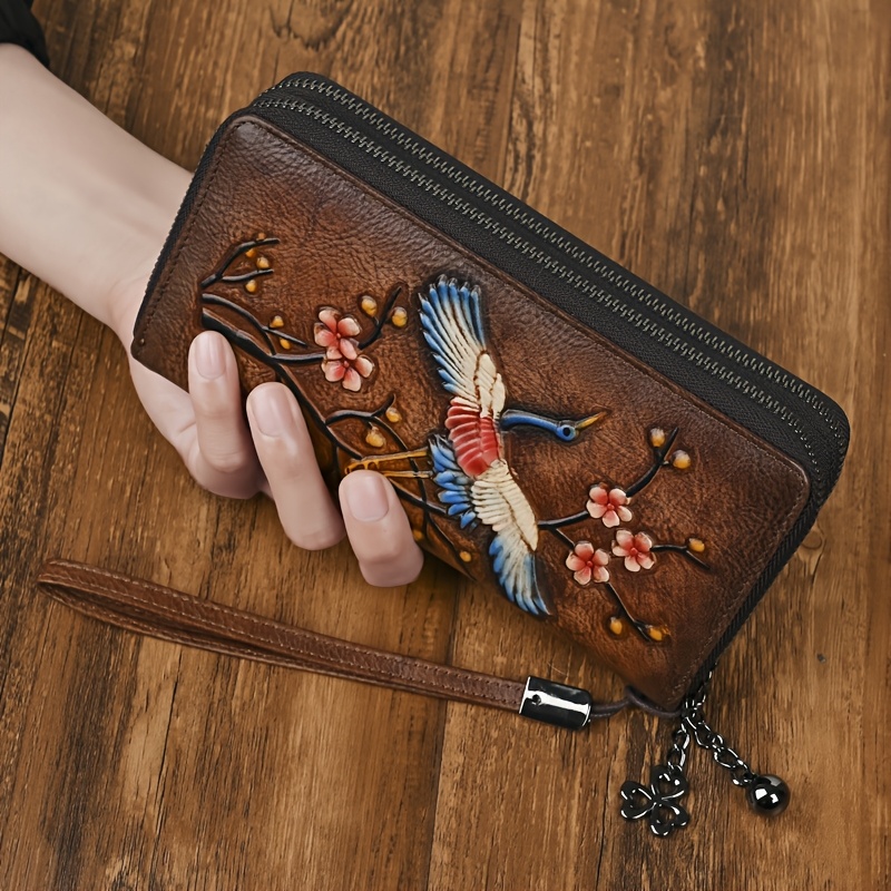 vintage floral print genuine genuine leather women's wallet Temu