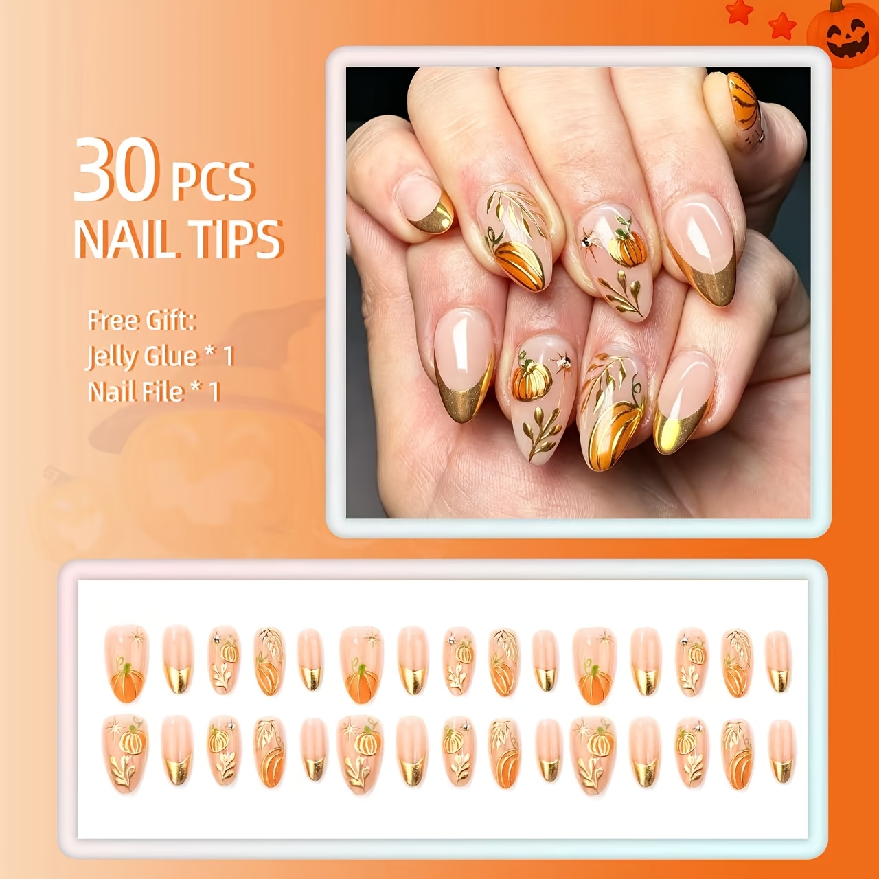 TEMU Faux ongles français dorés haut de gamme d' pour automne et hiver avec strass en point , feuille de citrouille orange en 3D en , ongles français