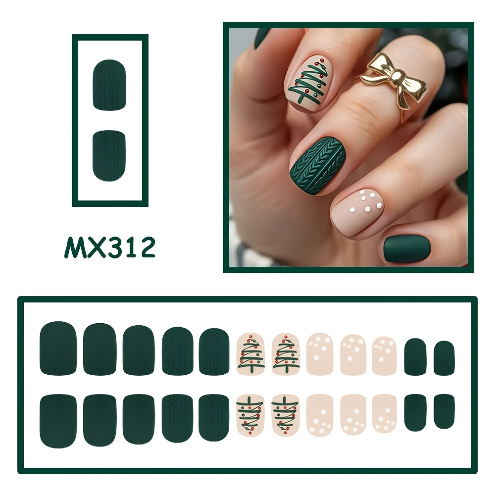 TEMU 24pcs Dark Green Matte Press On Nails Suitable For Christmas Tree & Sweater Patterns, Short Square False Nails With 3d Embossed Dots,