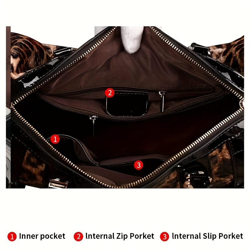 luxury genuine faux leather womens handbag spacious stylish with adjustable strap animal print design zip closure details 7