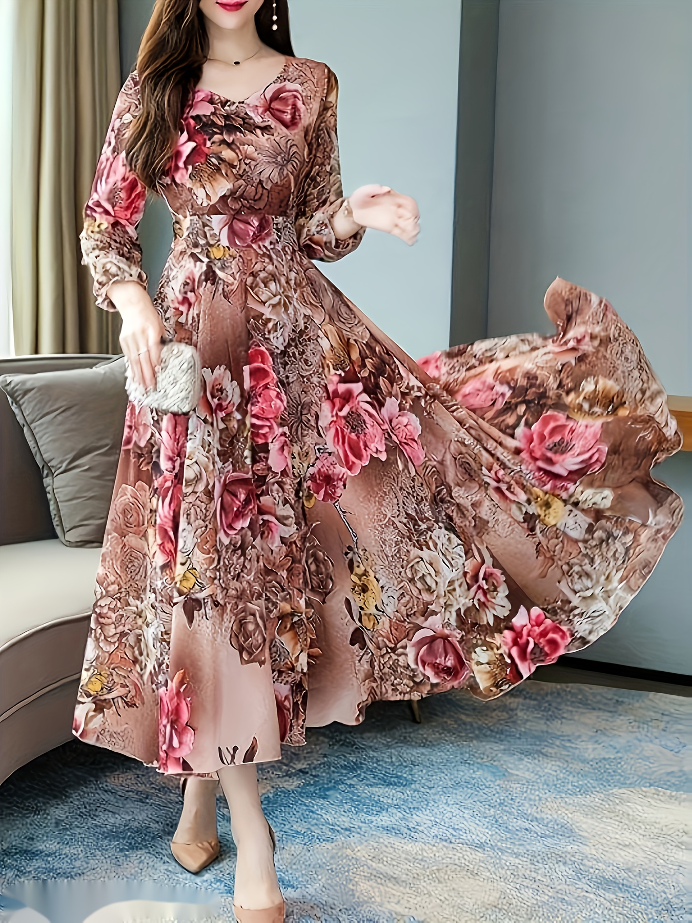 vestido elegante cuello   estampado floral mujer manga - Temu Peru